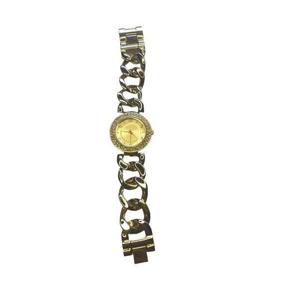 Lemon yellow gold shimmer face watch chunky chain bracelet rhinestones bling - Picture 3 of 12